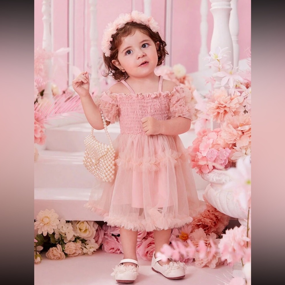 Baby Girl Solid Frill Trim Mesh Overlay Cold Shoulder Dress size 12-18 months